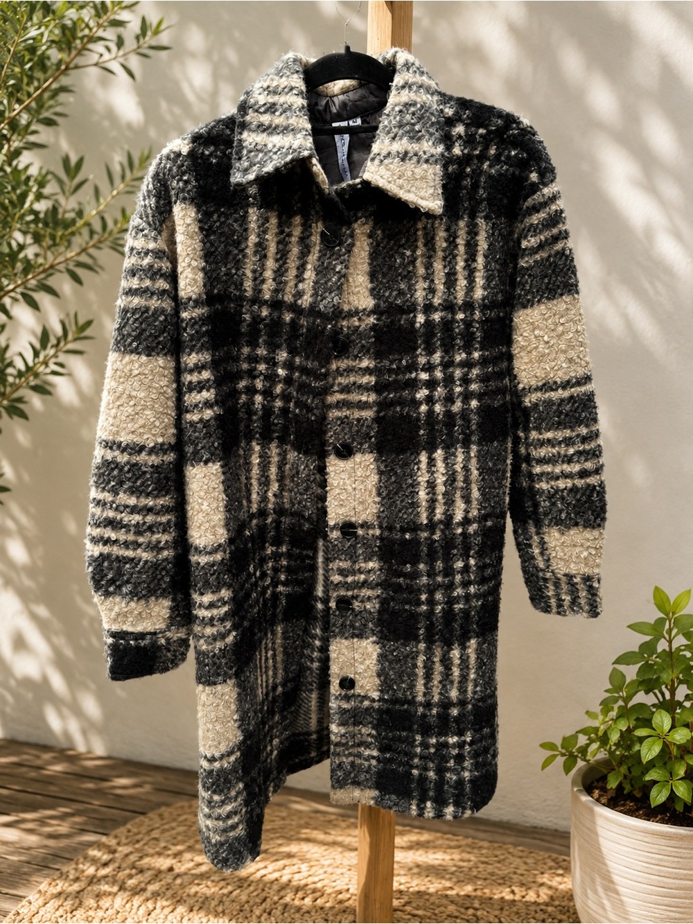 Plaid Wool-Blend Long Jacket in Black & Cream